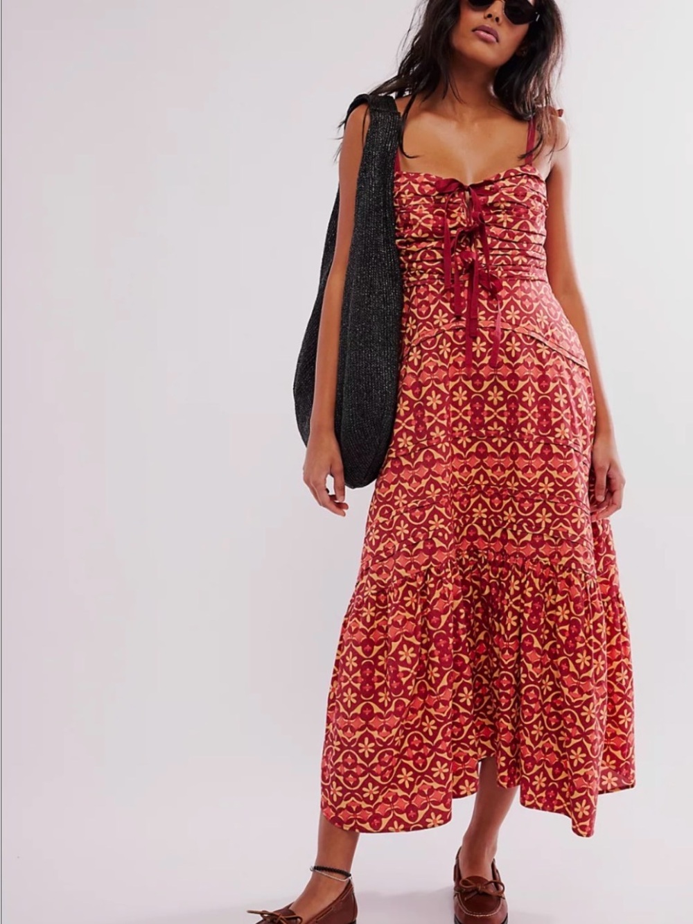 Free people Boho Tie-Front Red Printed Midi Dress